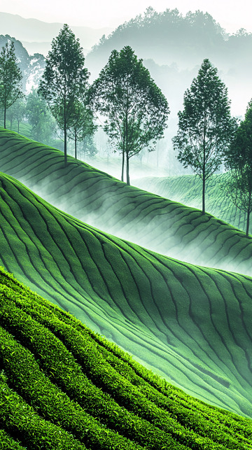 雾气缭绕的绿色茶田