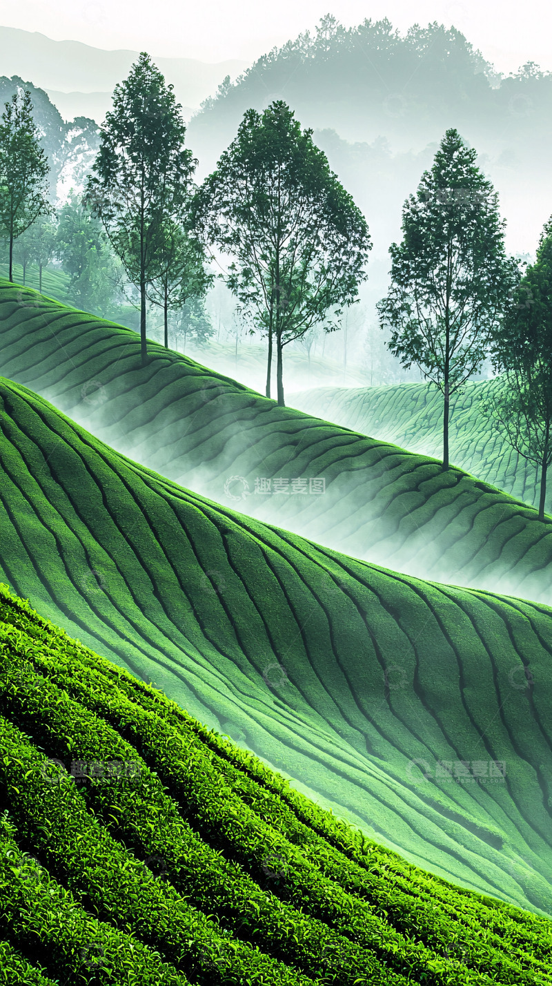 高清大图下载【趣麦麦图】雾气缭绕的绿色茶田