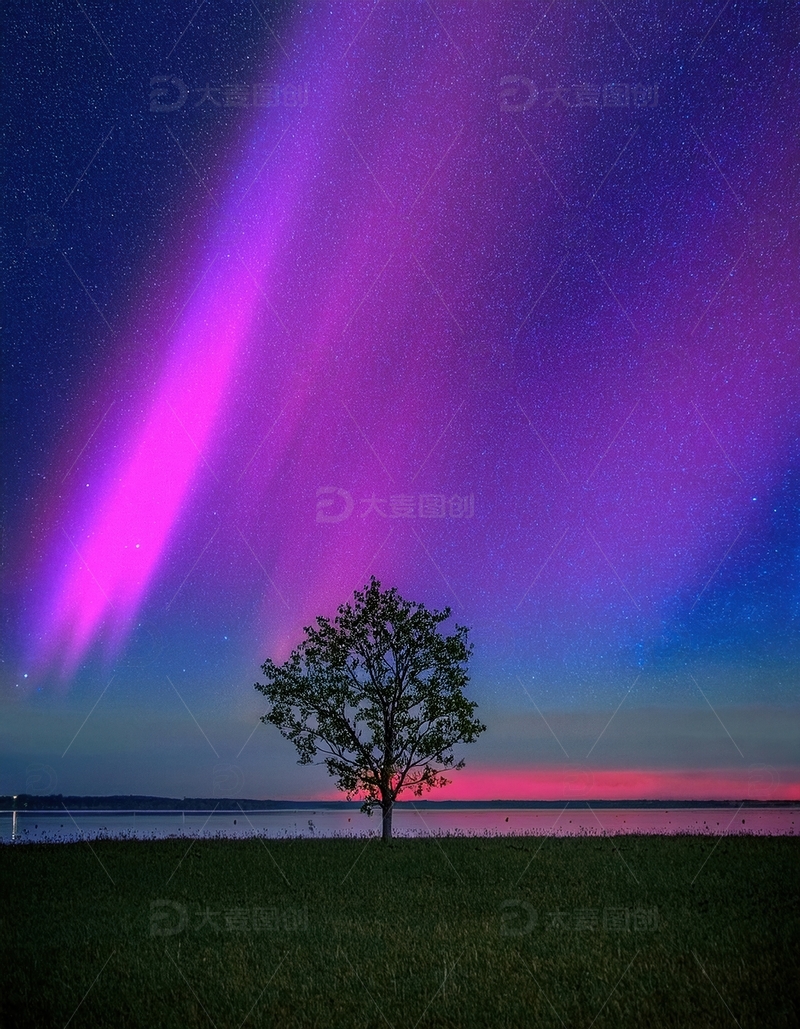 高清大图下载【趣麦麦图】湖畔孤树，紫粉极光绘梦幻夜