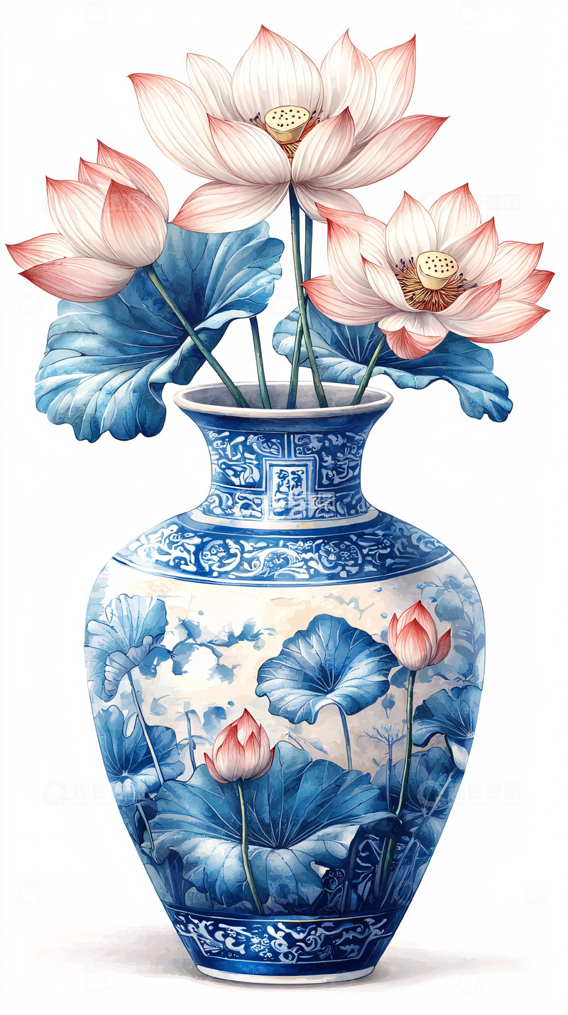 高清大图下载【趣麦麦图】蓝白瓷瓶插粉红莲花