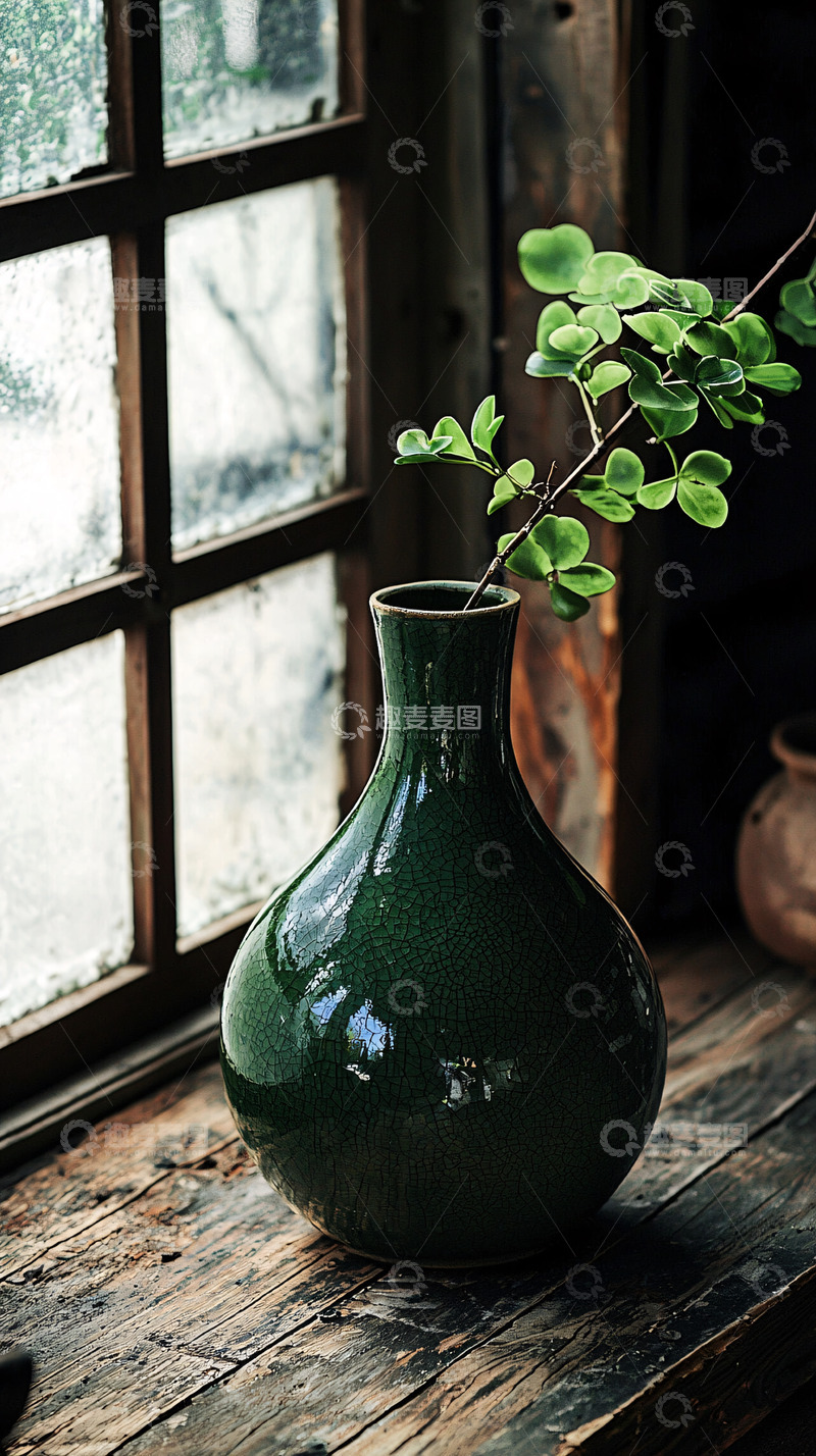 高清大图下载【趣麦麦图】绿釉瓷瓶窗边静物