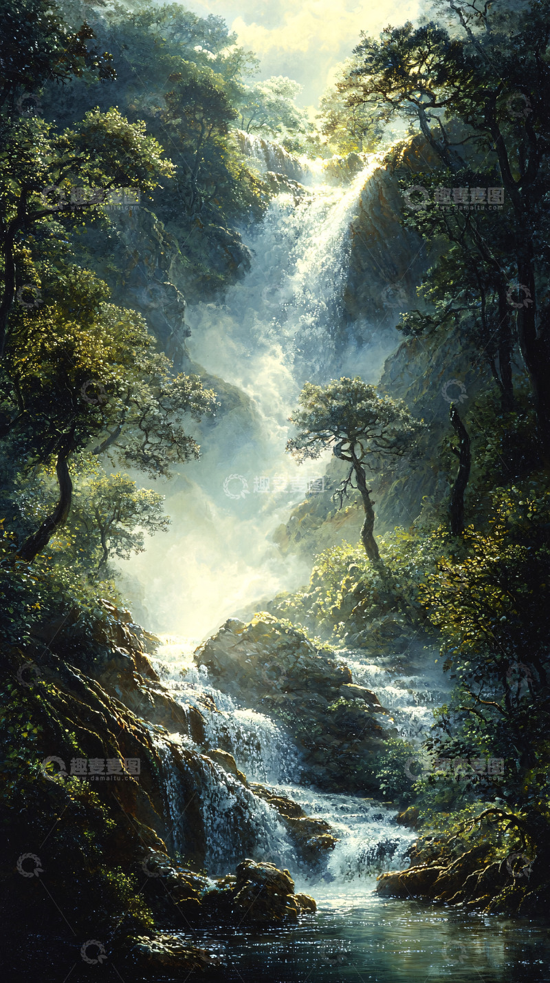 高清大图下载【趣麦麦图】山间瀑布阳光森林