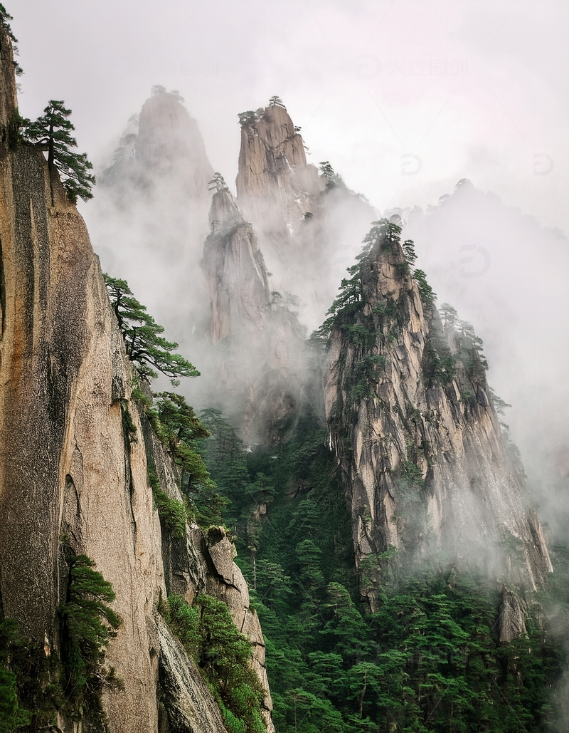 高清大图下载【趣麦麦图】云雾缭绕的黄山奇松与险峰