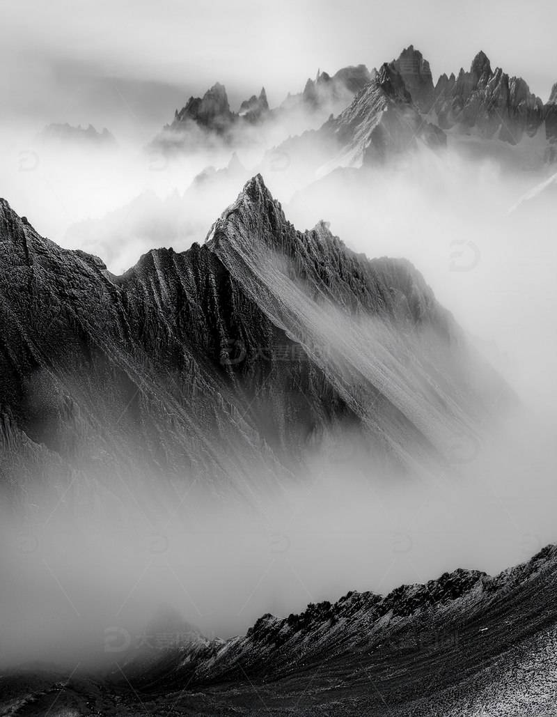 高清大图下载【趣麦麦图】云雾间黑白水墨风格的黄山群峰