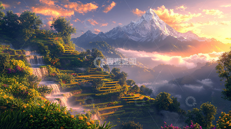 高清大图下载【趣麦麦图】日出雪山梯田风景