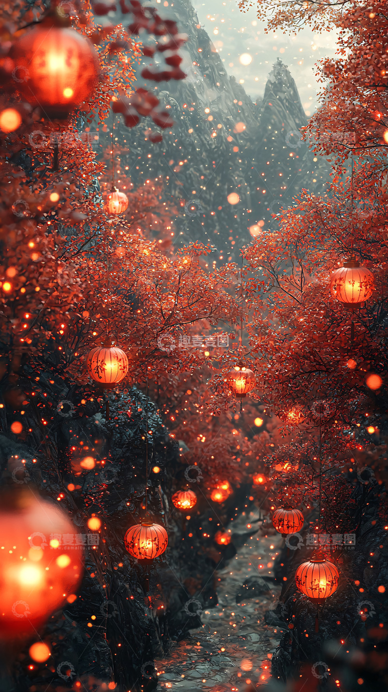 高清大图下载【趣麦麦图】红叶峡谷灯笼夜景