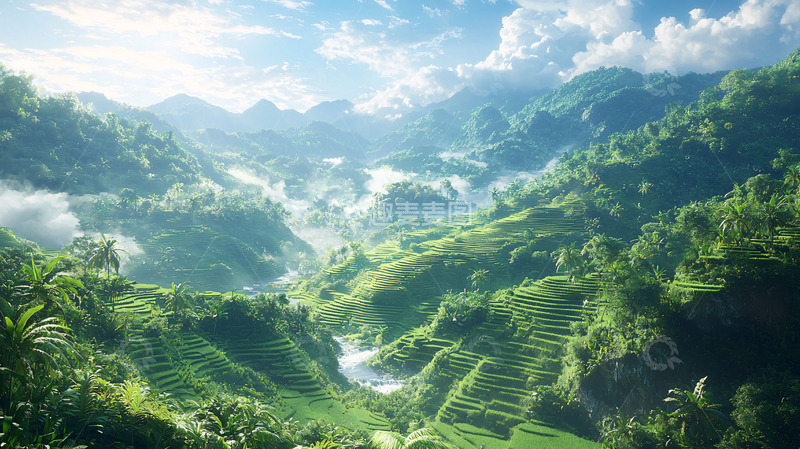 高清大图下载【趣麦麦图】阳光下的绿色梯田