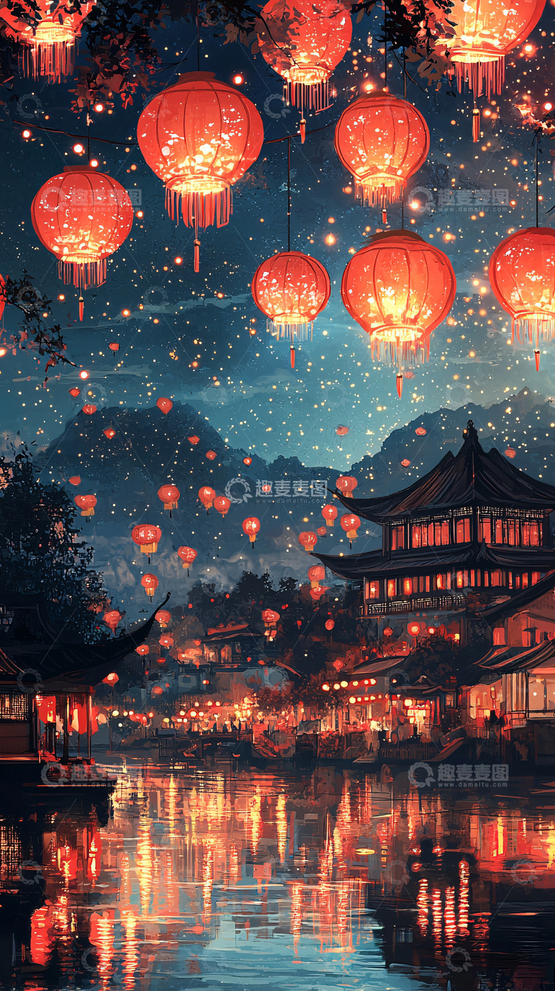 高清大图下载【趣麦麦图】夜空中飞舞的红灯笼