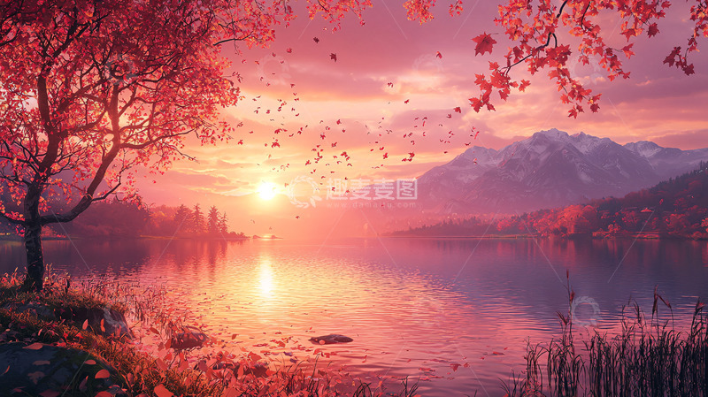 高清大图下载【趣麦麦图】粉色落日湖边秋景