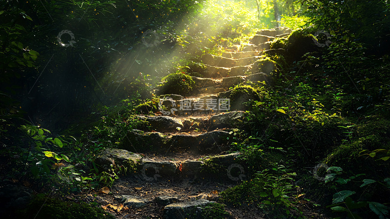 高清大图下载【趣麦麦图】森林石阶阳光