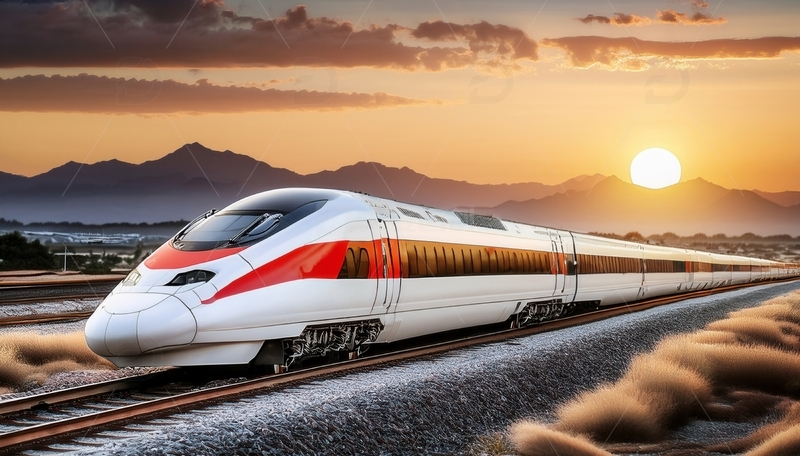 高清大图下载【趣麦麦图】夕阳下高铁穿行于旷野山间