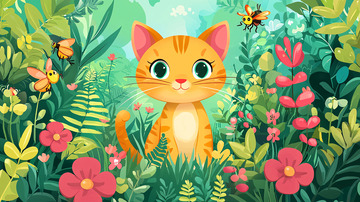 可爱橘猫花丛中