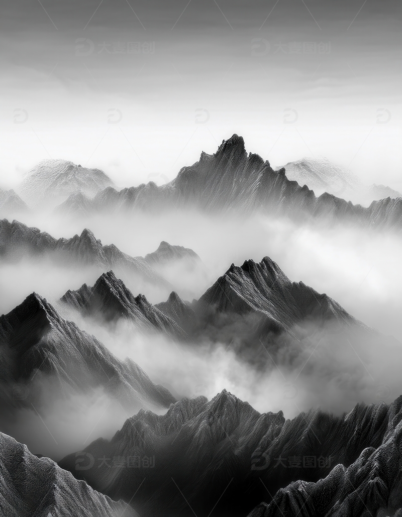 高清大图下载【趣麦麦图】水墨云雾中的连绵黄山群峰