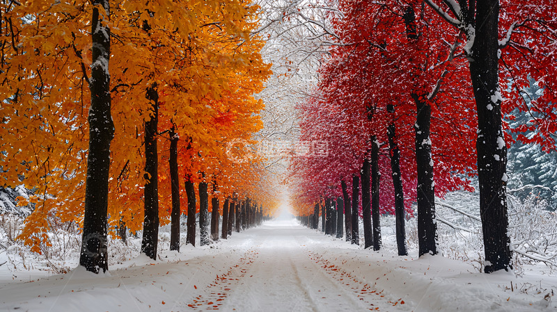 高清大图下载【趣麦麦图】雪中彩叶林道