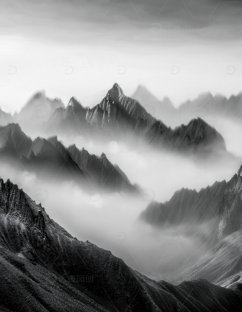 高清大图下载【趣麦麦图】云雾氤氲中的黑白黄山山峦