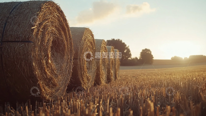 高清大图下载【趣麦麦图】夕阳下麦田里的圆形稻草捆