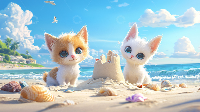 高清大图下载【趣麦麦图】沙滩上两只可爱的小猫