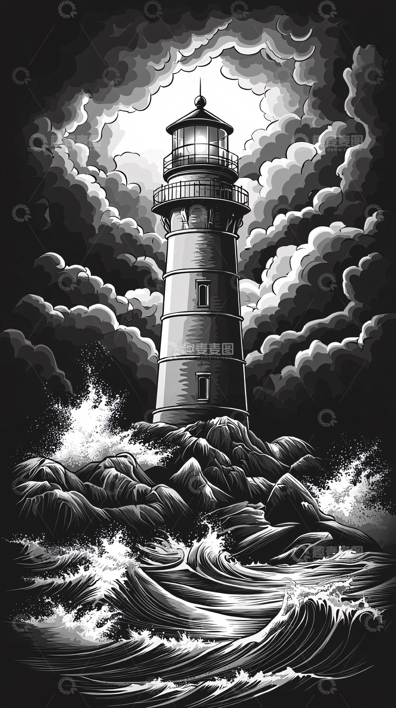 高清大图下载【趣麦麦图】黑白风暴中的灯塔