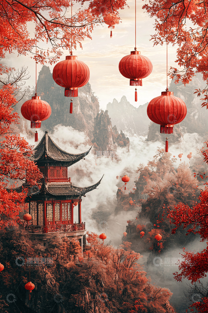 高清大图下载【趣麦麦图】红叶秋景中国风建筑