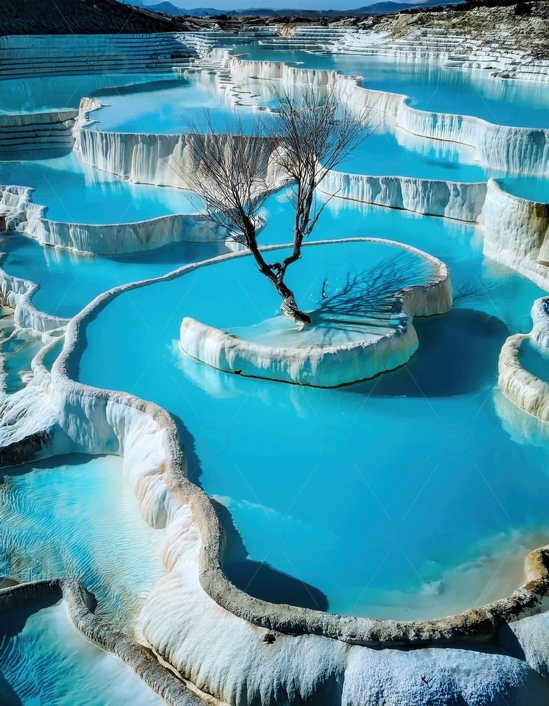 高清大图下载【趣麦麦图】蓝池白堤中孤树伫立的奇幻之景