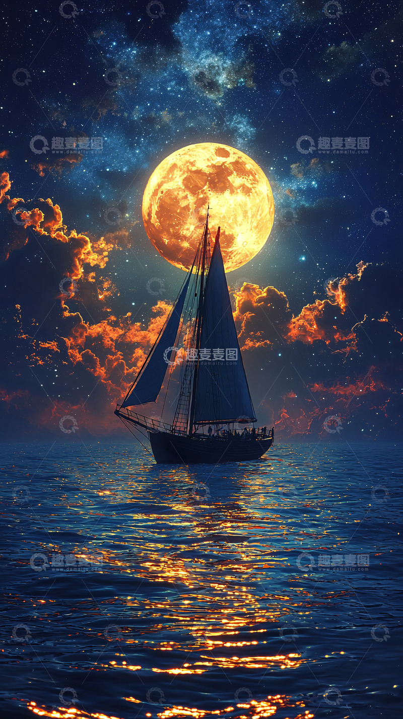 高清大图下载【趣麦麦图】月夜帆船