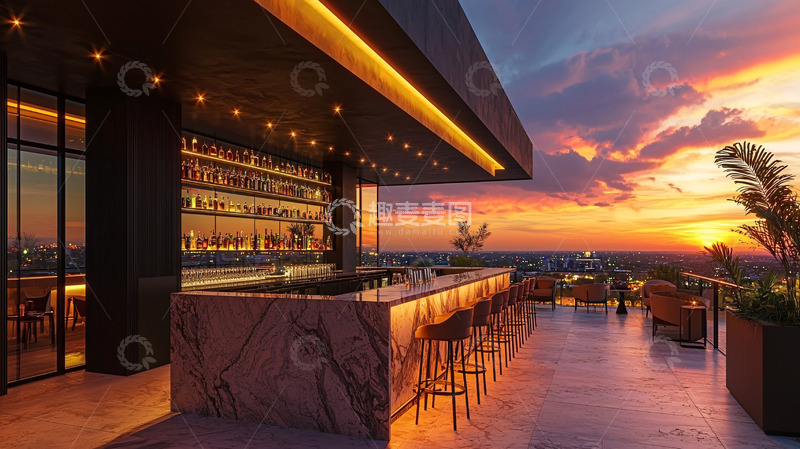高清大图下载【趣麦麦图】屋顶酒吧日落景色