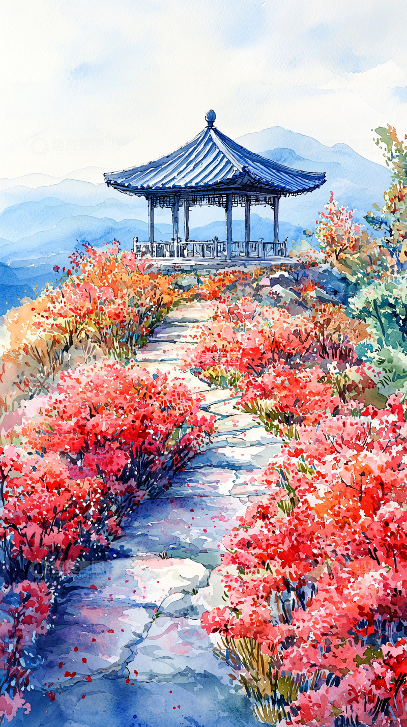 高清大图下载【趣麦麦图】山顶亭台红花水彩画