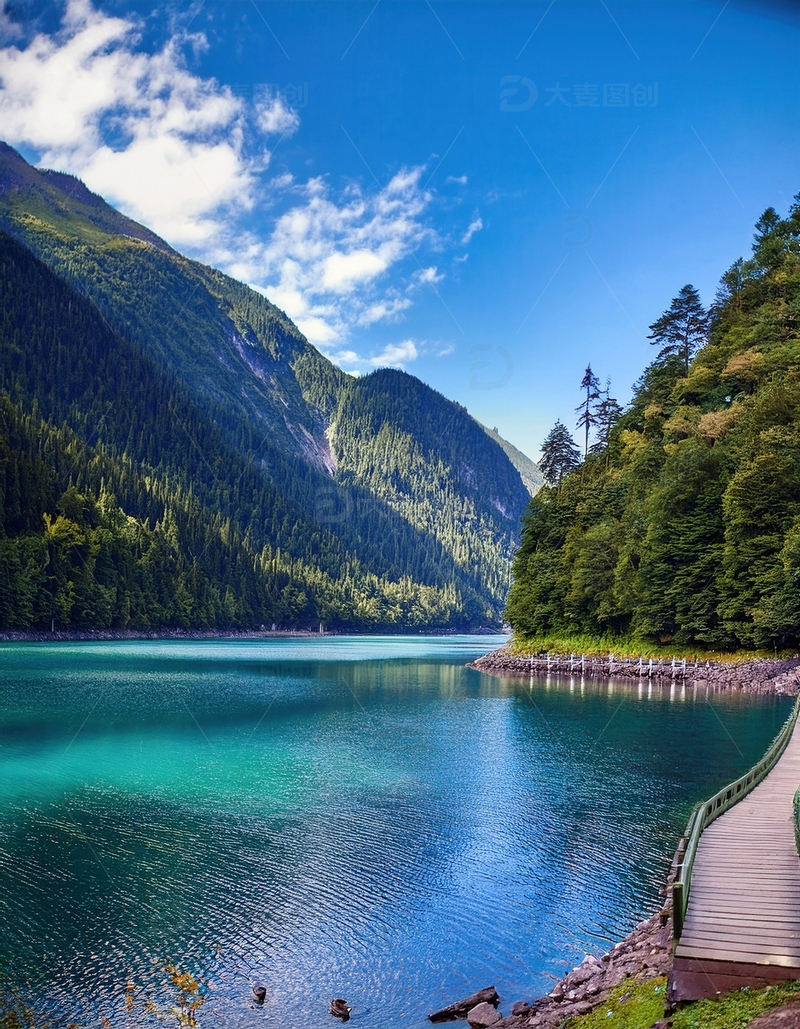 高清大图下载【趣麦麦图】青山翠林间的湖畔木质栈道风光