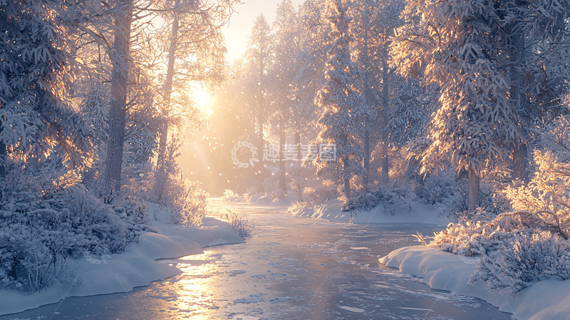 高清大图下载【趣麦麦图】冬日森林河流日出