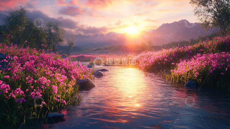 高清大图下载【趣麦麦图】日出山川溪流粉色花海