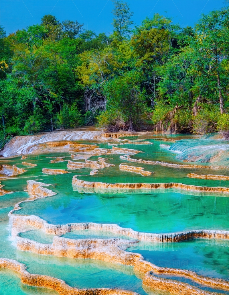 高清大图下载【趣麦麦图】绿树环绕下五彩斑斓的钙化池群