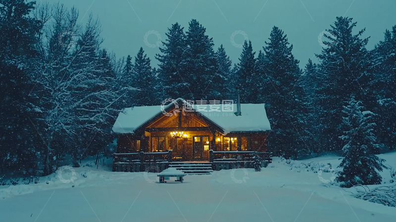 高清大图下载【趣麦麦图】雪夜木屋