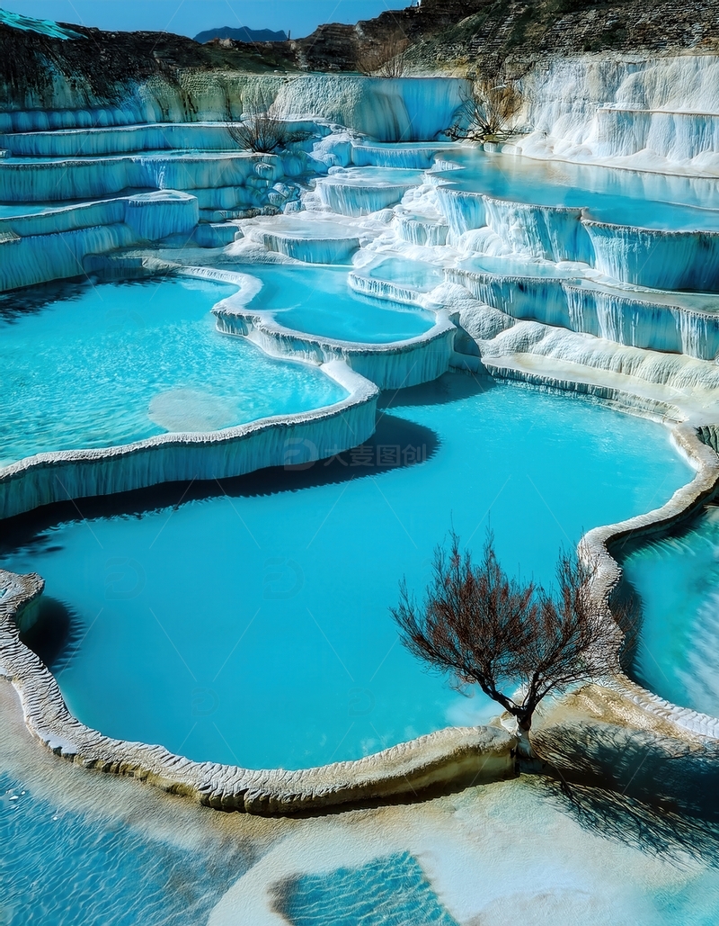高清大图下载【趣麦麦图】蓝白相间的梦幻梯田状钙化池