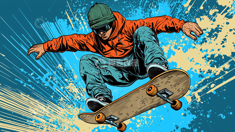 高清大图下载【趣麦麦图】滑板少年凌空飞跃