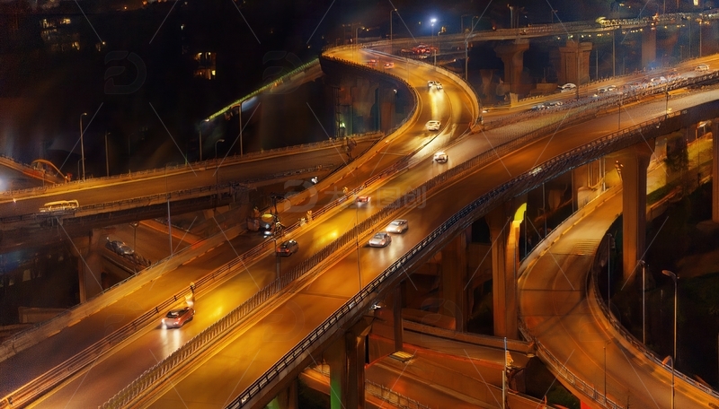 高清大图下载【趣麦麦图】夜晚灯光下繁忙的城市立交桥