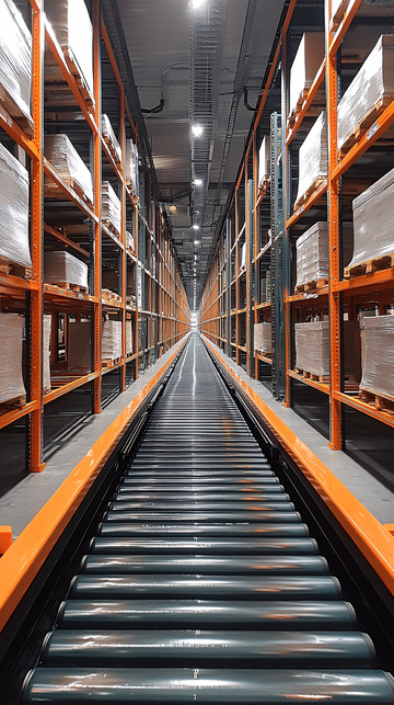 仓库内部长长的传送带