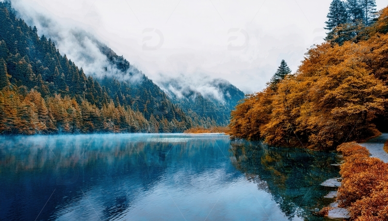 高清大图下载【趣麦麦图】云雾缭绕下九寨秋湖的静谧之美