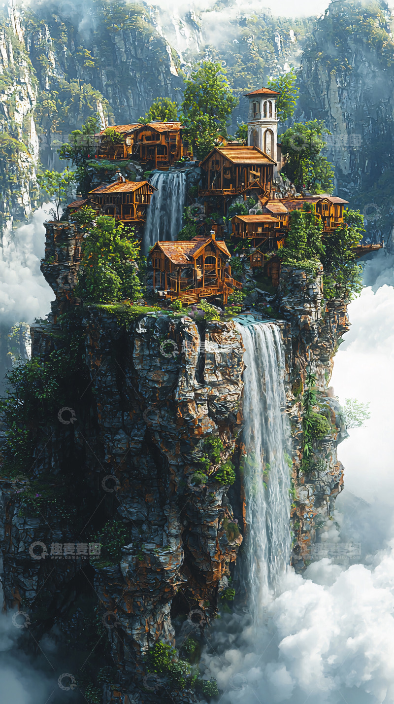 高清大图下载【趣麦麦图】悬崖上的木屋村庄