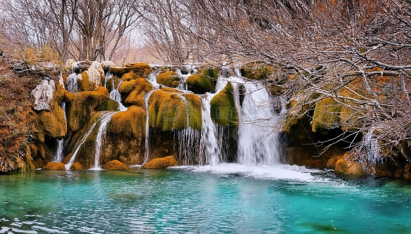 高清大图下载【趣麦麦图】九寨枯树旁覆满苔藓的灵动瀑布
