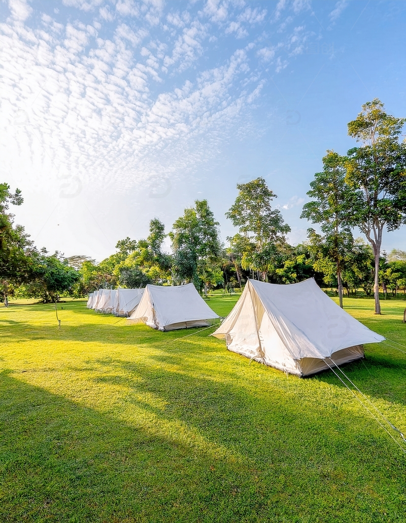 高清大图下载【趣麦麦图】绿树草地间排列的白色露营帐篷