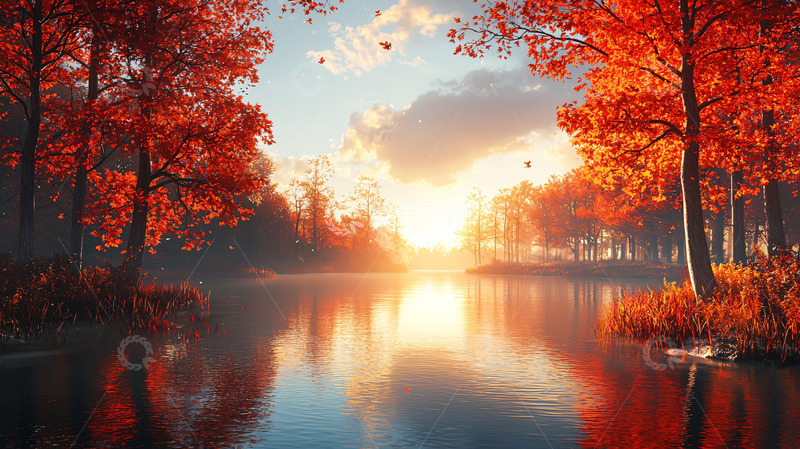 高清大图下载【趣麦麦图】秋日红叶倒影湖面