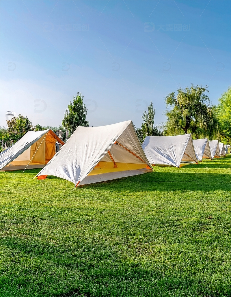 高清大图下载【趣麦麦图】绿草地上整齐排列的白色露营帐篷