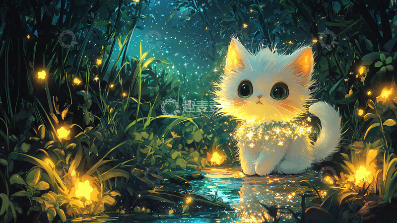 高清大图下载【趣麦麦图】萤火虫森林里的可爱猫咪