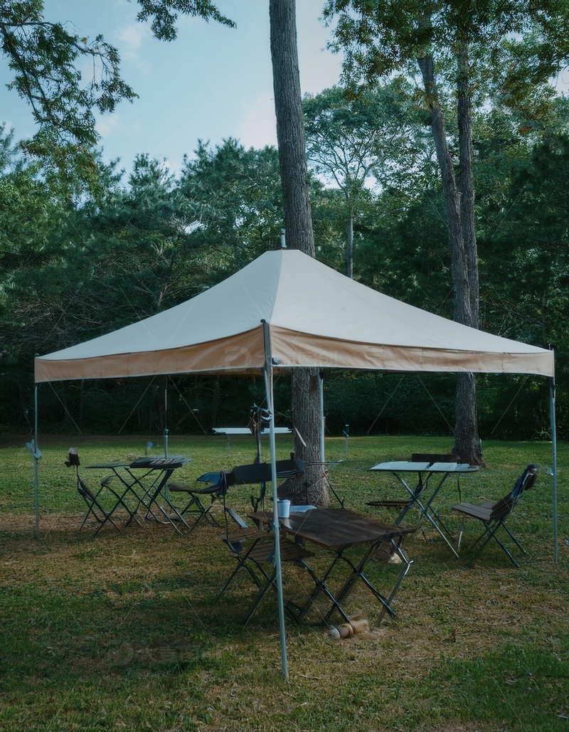 高清大图下载【趣麦麦图】林间草地的方形天幕与露营桌椅