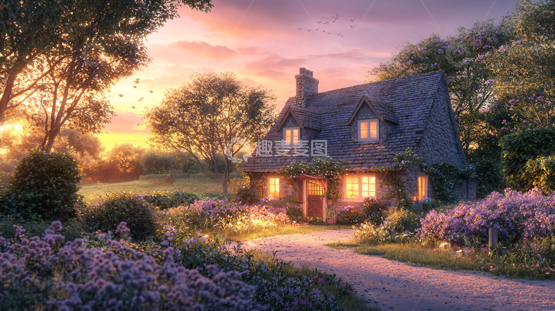 高清大图下载【趣麦麦图】傍晚乡间小屋紫花田园