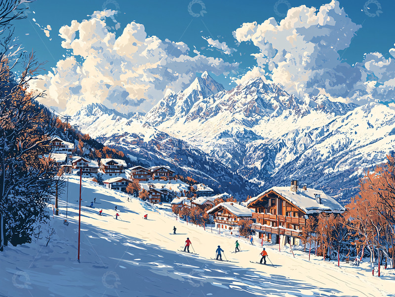 高清大图下载【趣麦麦图】阿尔卑斯山雪景村庄