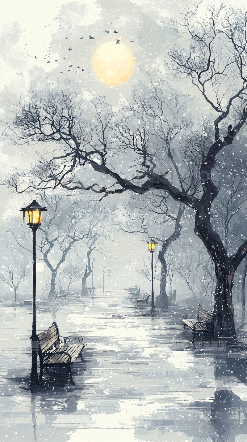高清大图下载【趣麦麦图】冬日雪景路灯长椅