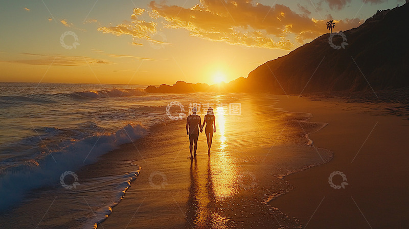 高清大图下载【趣麦麦图】日落沙滩情侣背影
