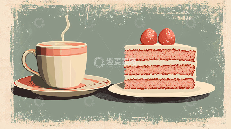 高清大图下载【趣麦麦图】复古风格咖啡和草莓蛋糕