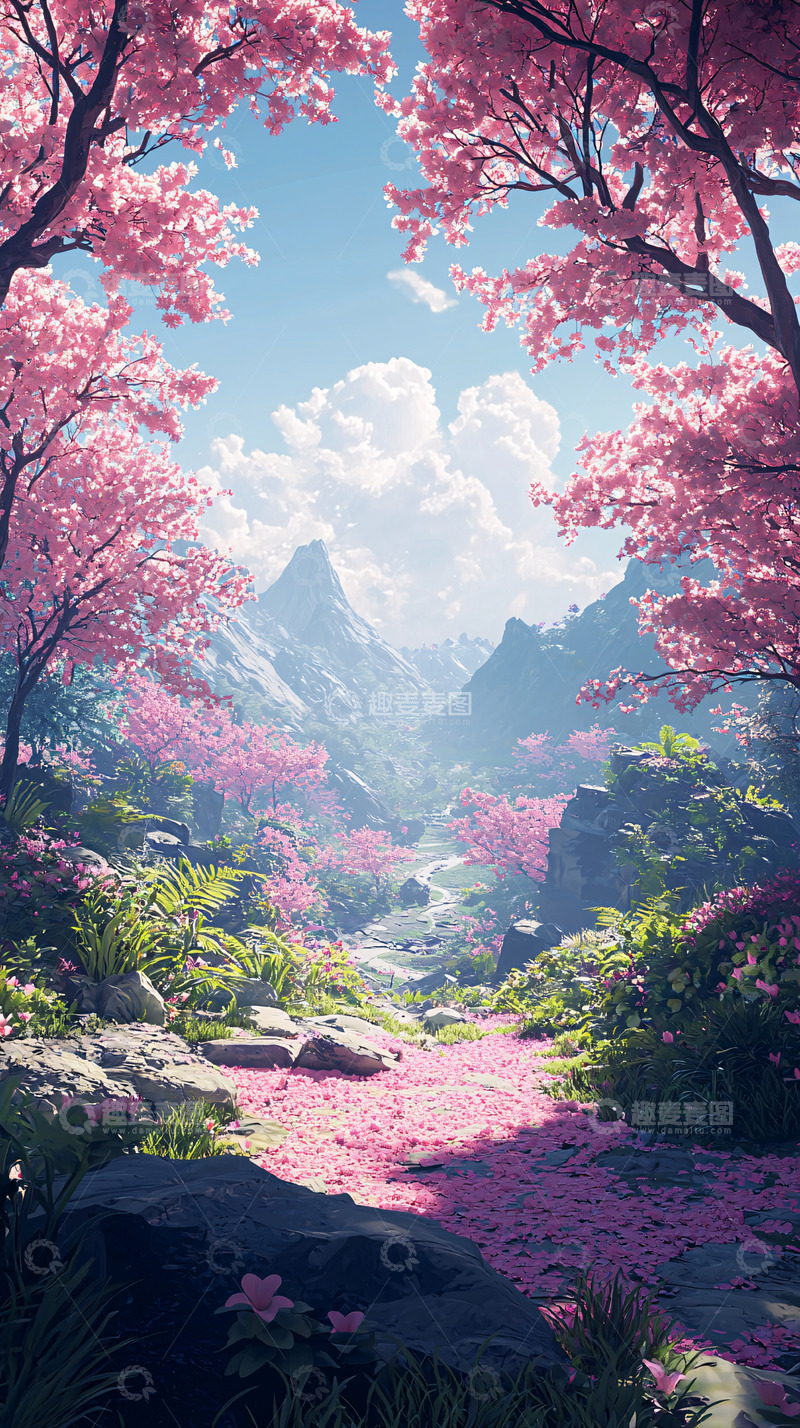 高清大图下载【趣麦麦图】梦幻樱花山谷